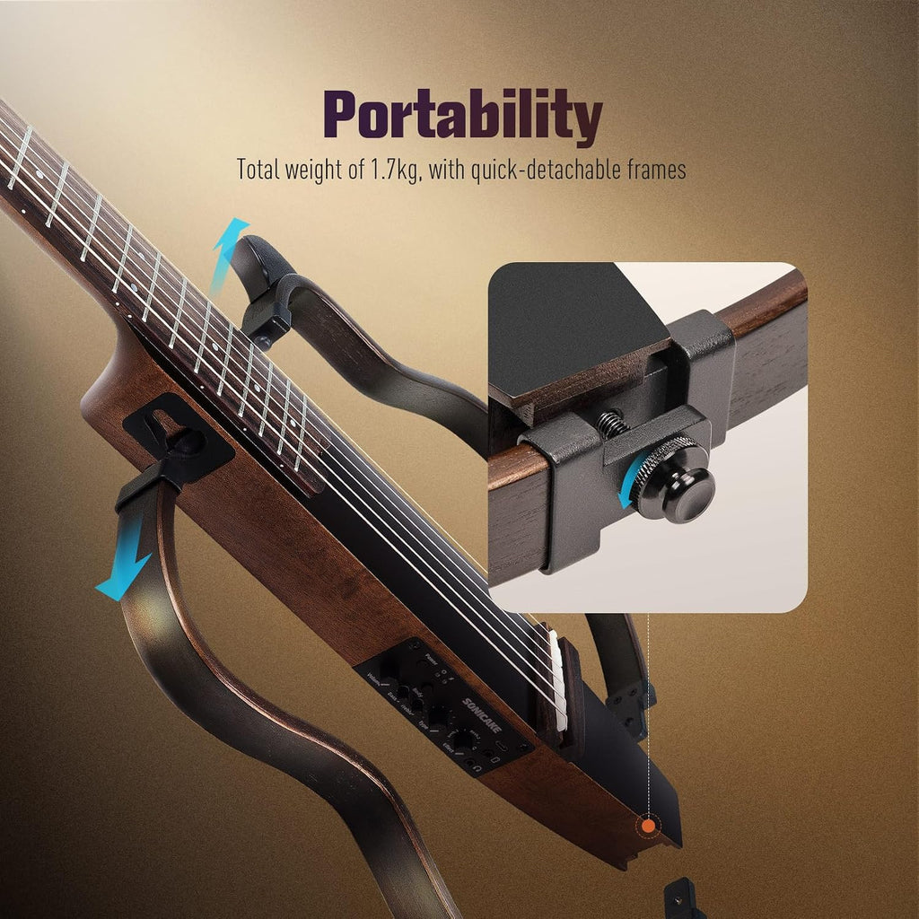 SONICAKE Acoustic Electric Travel Guitar, Portable Practice Guitar Kit, Solid Mahogany Body, Easy Assemble Frames, Multi Body-Shape Sim Rechargeable Preamp, Gig Bag, All Accessories QGT-01