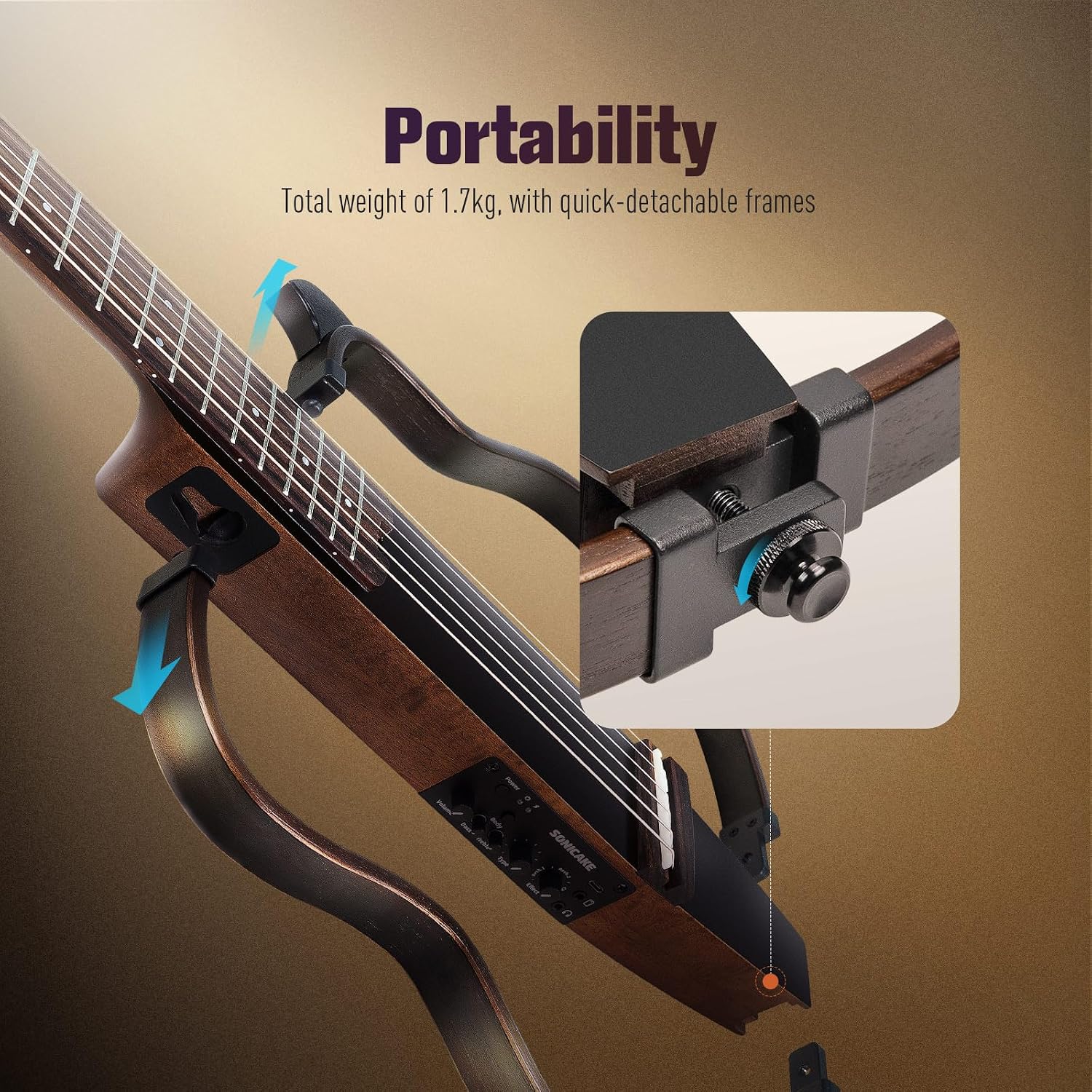 SONICAKE Acoustic Electric Travel Guitar, Portable Practice Guitar Kit, Solid Mahogany Body, Easy Assemble Frames, Multi Body-Shape Sim Rechargeable Preamp, Gig Bag, All Accessories QGT-01