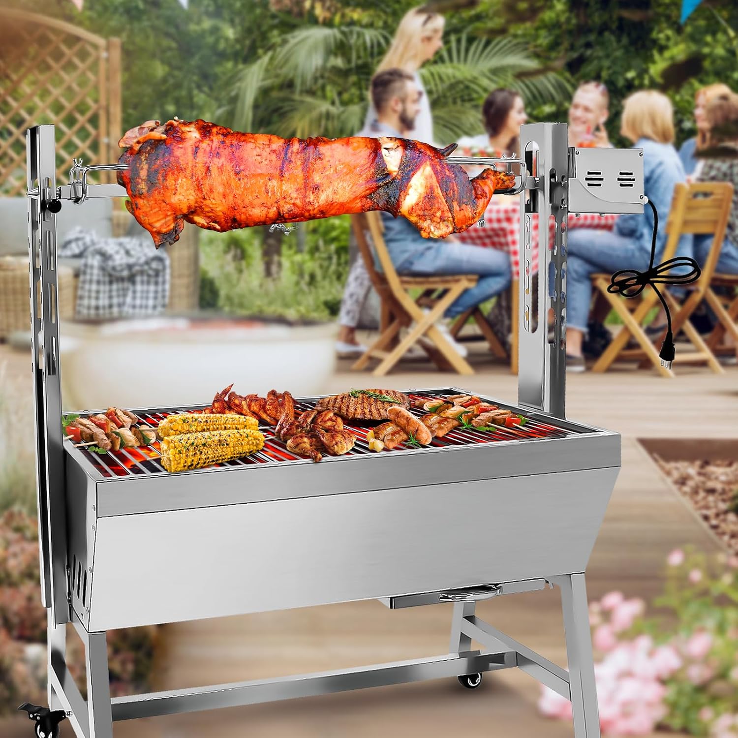 25w 37in Electric Rotisserie Grill Portable 132lbs Portable Stainless Steel Rotisserie Grill Roster With Wheels, Motor, Wind Baffle For Pig Chicken Lamb Rotisseries Roasting Machine