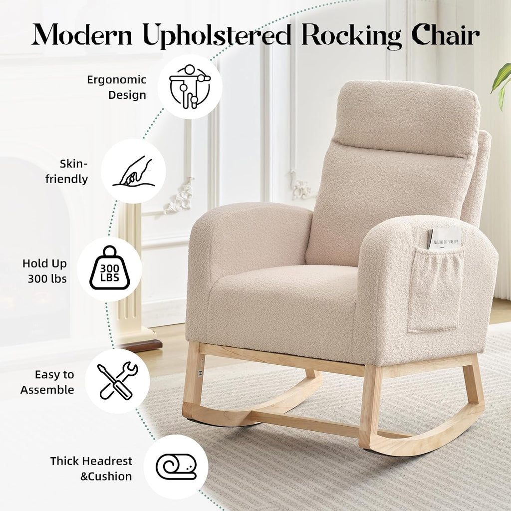 GAOMON Rocking Chair Glider for Nursery, Comfy Rocker Nursery with Side Pocket & High Backrest, Baby Rocking Chair for Breastfeeding, Upholstered Rocker & Living Room, Beige