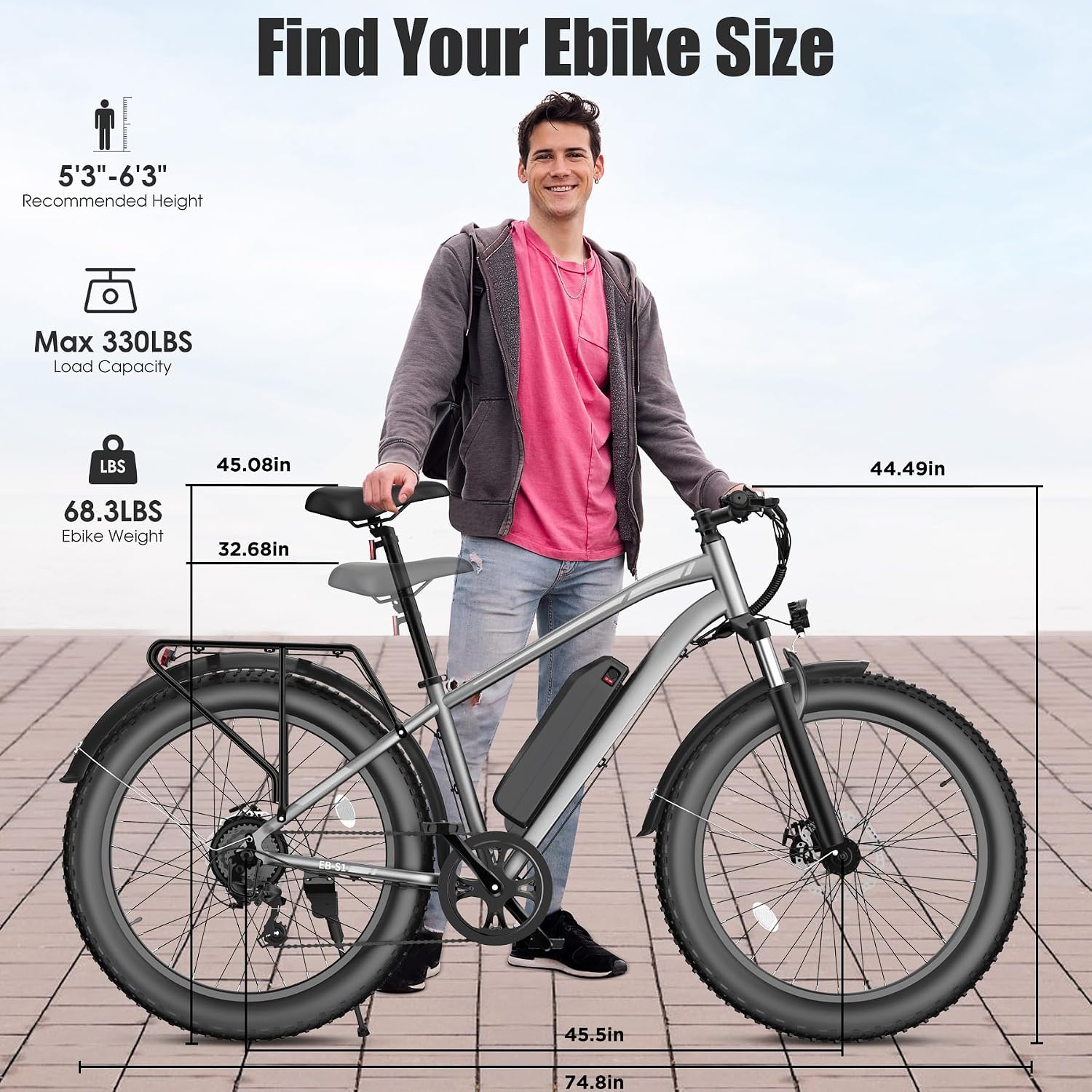 Electric Bike for Adults, 1000W Peak 20MPH 60Miles Ebike,48V 13AH Battery Electric Mountain Bike, 26' x 4'' Fat Tire Electric Bicycle with Rear Rack, Fenders, 7 Speed, UL 2849 Certified