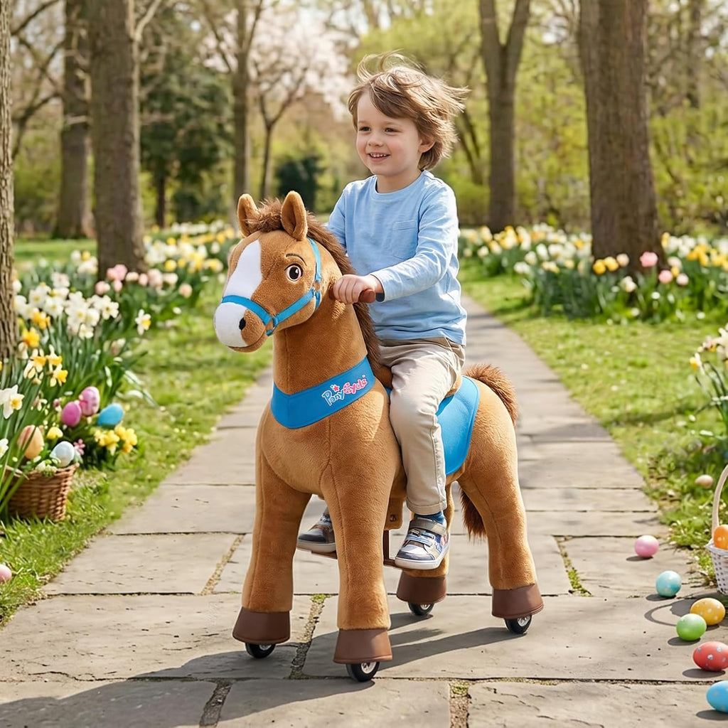 PonyCycle Ride on Horse Toys for Kids Riding Brown Horse Rocking Horse No Battery Required (with Brake/ 35.4' Height/Size 4) Ride-on Pony Giddy up Walking Mechanical Pony E437