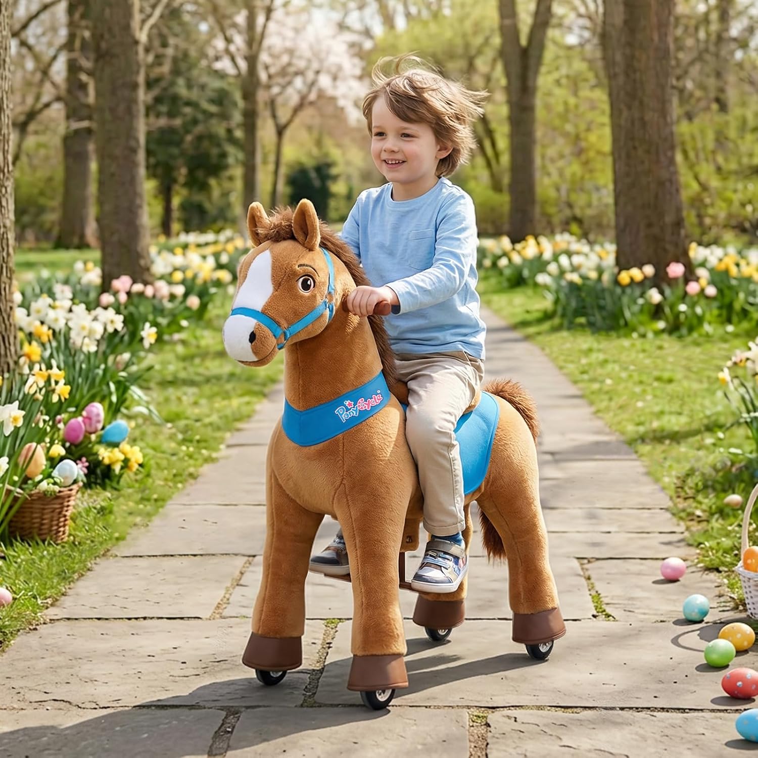 PonyCycle Ride on Horse Toys for Kids Riding Brown Horse Rocking Horse No Battery Required (with Brake/ 35.4' Height/Size 4) Ride-on Pony Giddy up Walking Mechanical Pony E437
