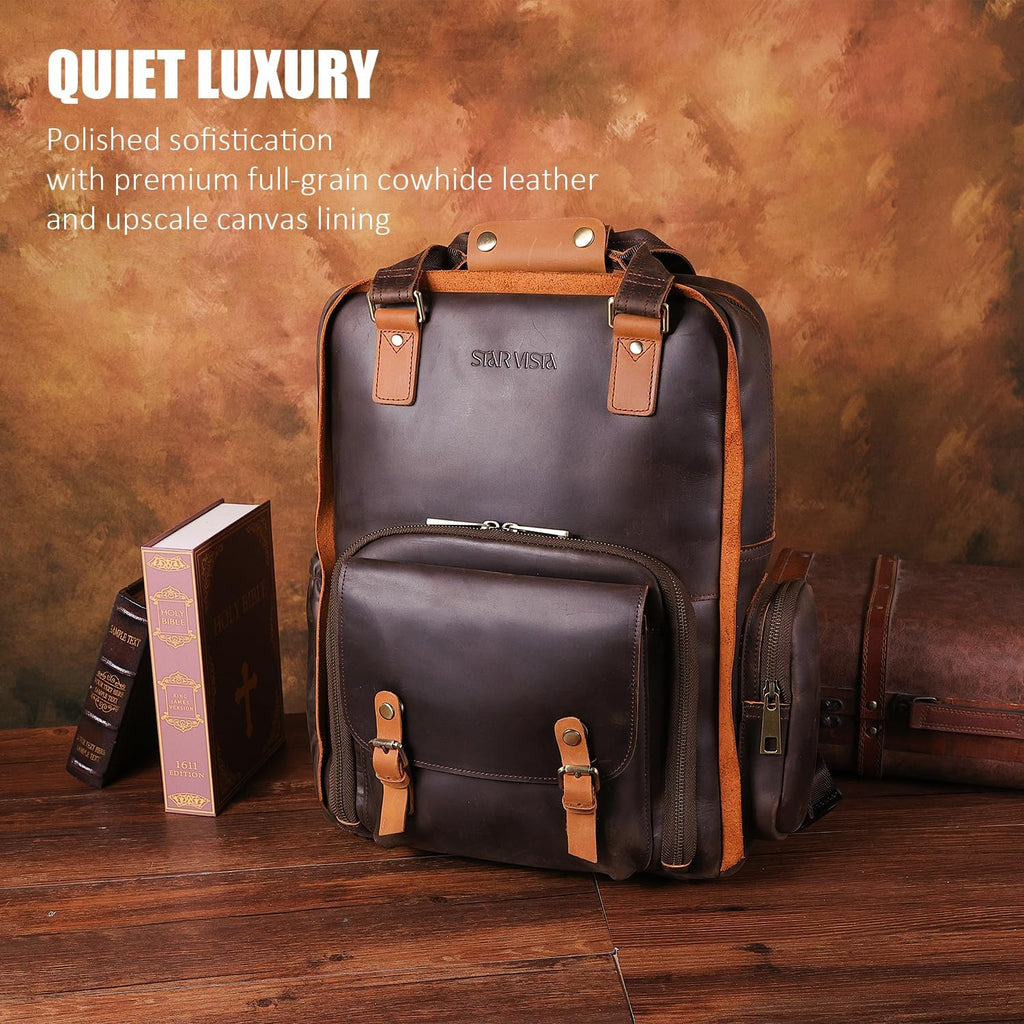 STAR VISTA Bernini Vintage Full Grain Leather Camera Backpack for DSLR/SLR, Camera Case for Photographers, with Tripod Holder, Fits 15.6' Laptop, Casual Outdoor Rucksack, YKK Zippers