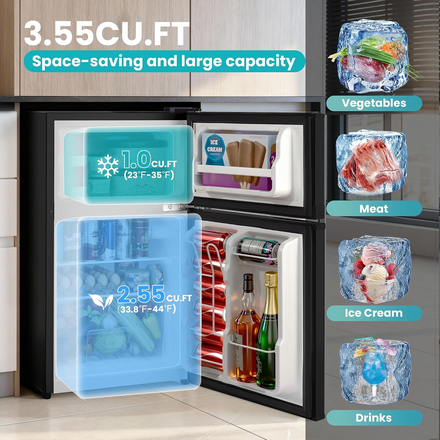 Tehanld Double Door Refrigerator with Freezer, 3.55 Cu.Ft, Small Fridge with Freezer, 7 Settings Temperature Adjustable, Mini Refrigerator for Office and Apartment Bedroom Dorm(3.55 Cu.Ft, Black)