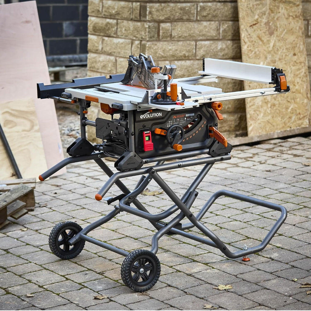 Evolution R10TBLX 10' Jobsite Table Saw with Wheeled Stand | Zero-Clearance Throat Plate | Dado Plate Included | 15A Motor | 26' Rip | 3-3/8' Cut | 0-45° Bevel | Precision Fence | Heavy Duty Portable