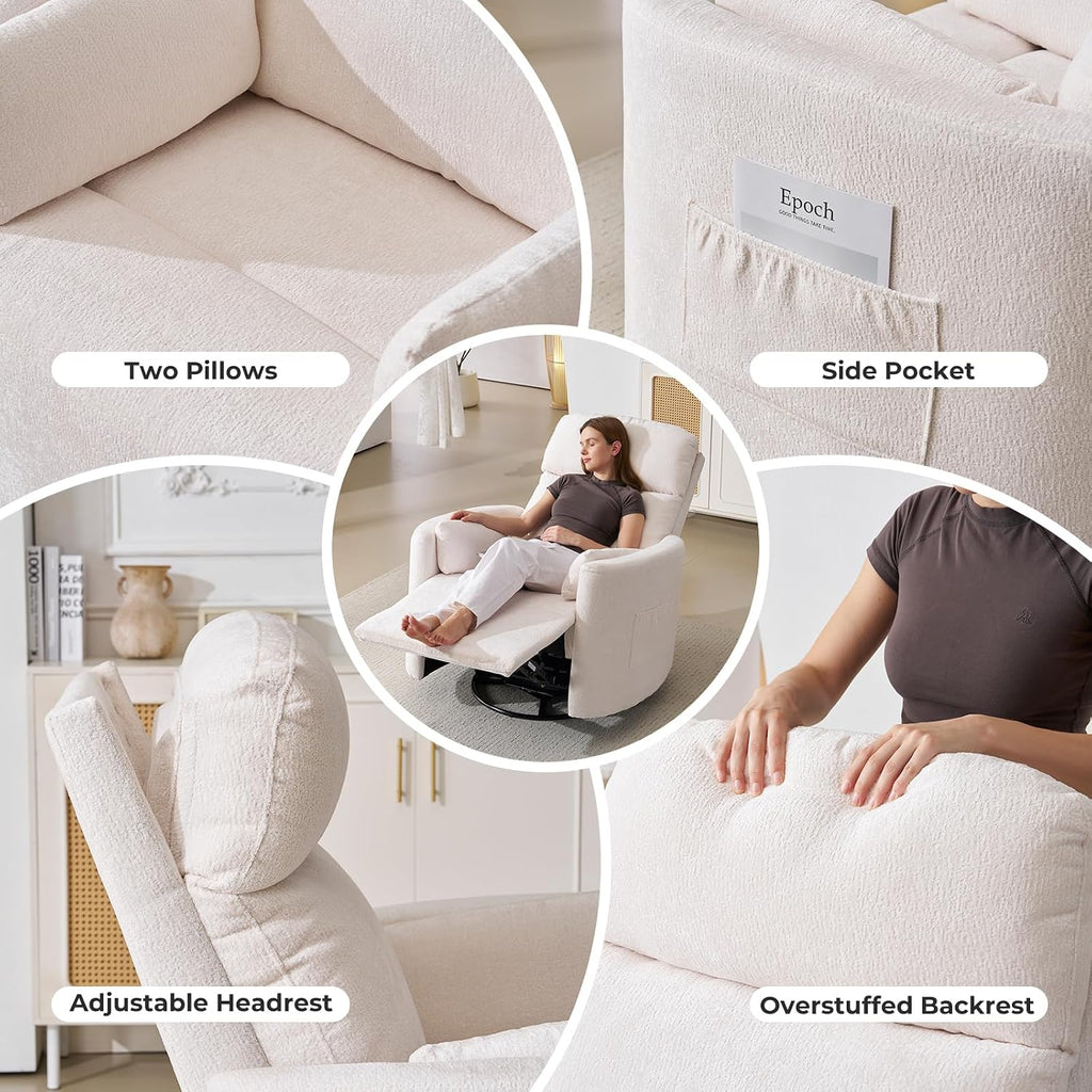 Oversized Swivel Recliner Chair with Massage and Heat, Rocking Chair Nursery with Adjustable Headrest, Rocking Chair Nursery Glider Chairs with 2 Pillows, Glider Rocker Recliner, White