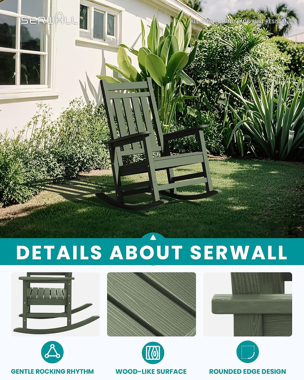 SERWALL Oversized Outdoor Rocking Chair Set of 2, HDPE Rocker for Adults, Patio Rocking Chairs for Porch, Avocado Green