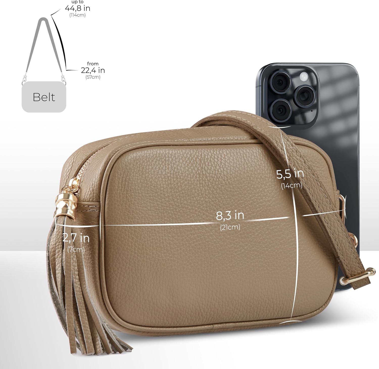 Italian Calf Leather Crossbody Bag for Women with Tassel Zipper | Small Camera Purse Shoulder Handbag Pocketbook