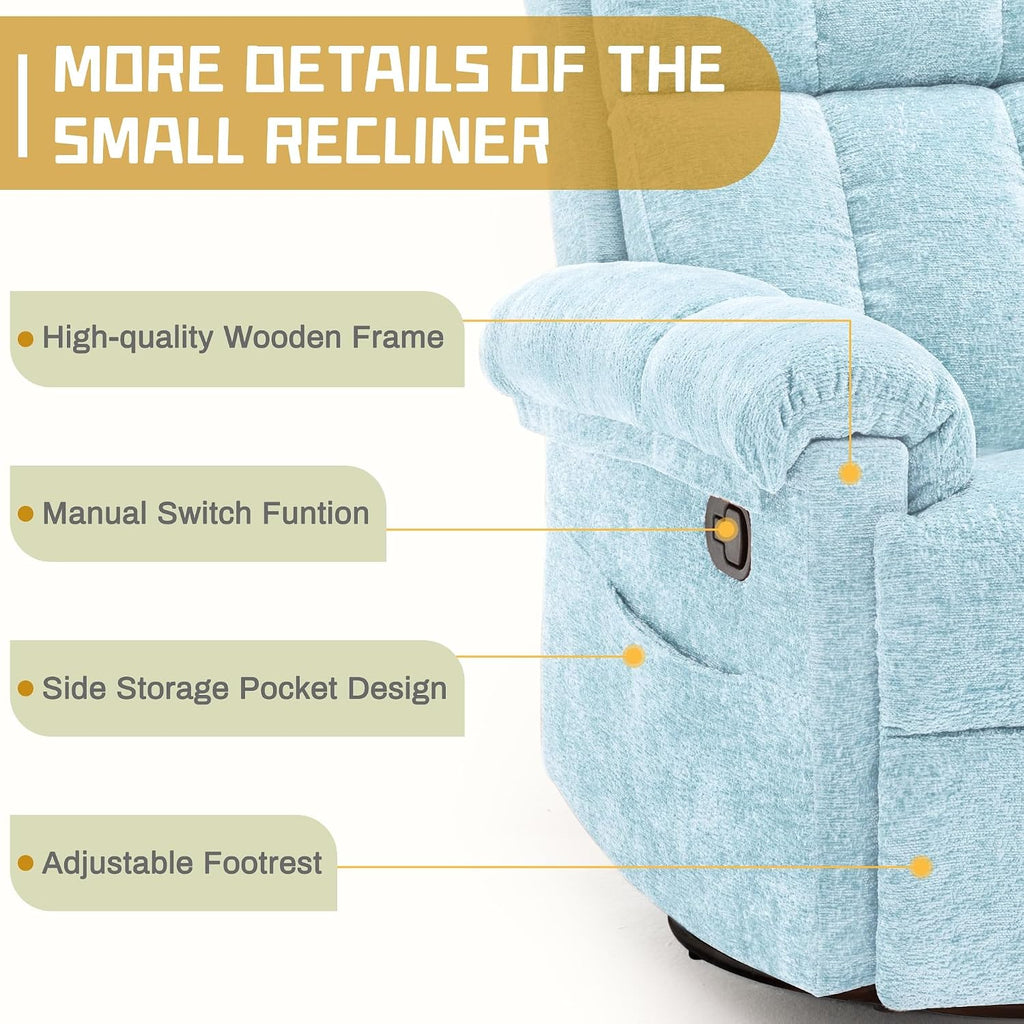 Korser Recliner Chair, Swivel Rocker Recliner Chair for Adults, Small Recliners for Small Spaces, Manual Recliner with Side Pockets, Upholstered Nursery Rocking Chair for Living Room, Chenille, Blue