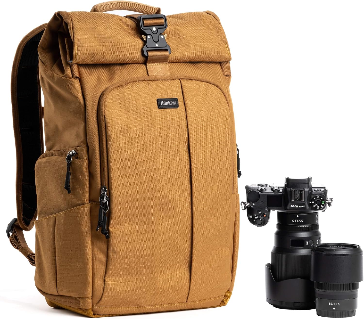 Think Tank FocusPoint 30L RollTop Camera Backpack - Golden Hour: Expandable Travel & Camera Backpack with Laptop Sleeve, Quick Side and Back Access, Rain Cover – Versatile Photography & Travel Bag