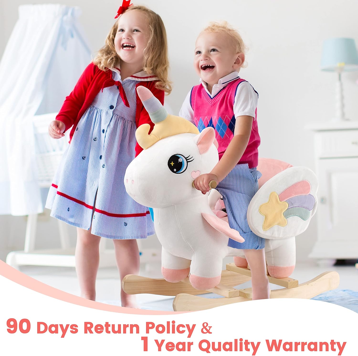 FUNLIO Unicorn Baby Rocking Horse, Rainbow Fairy Unicorn Rocking Horse for Toddlers 6 Months to 3 Years, Stuffed Ride-on Animal Rocker, Easy to Assemble, CE & CPC Certified