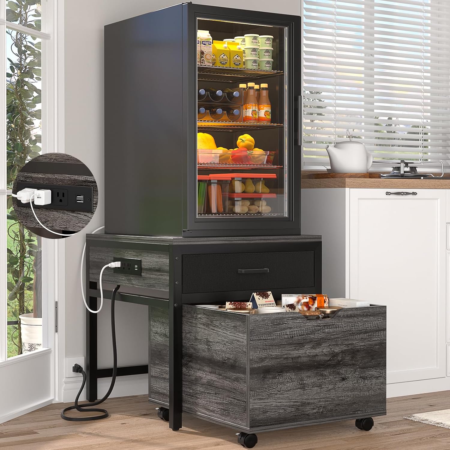 Unikito Mini Fridge Stand with Storage and Charging Station, Refrigerator Table with Drawer Basket for Dorm, Apartment, Office, Bedroom, Heavy Duty Small Refrigerator Stand Cart, Hold 300LBS, Gray Oak