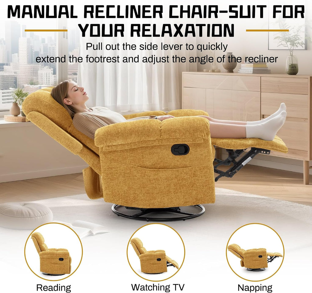 Korser Recliner Chair, Swivel Rocker Recliner Chair for Adults, Small Recliners for Small Spaces, Upholstered Manual Recliner with Side Pockets, Nursery Rocking Chair for Living Room, Chenille, Yellow
