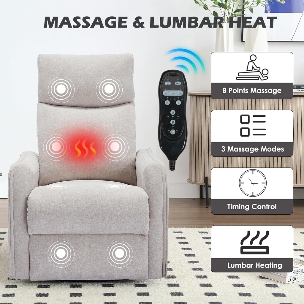 Trustyue Swivel Rocker Recliner Chair, 360° Swivel Recliner with Heat and Massage, Rocker Recliner Nursery Glider Chair with Side Pockets for Living Room (Beige, Fabric)