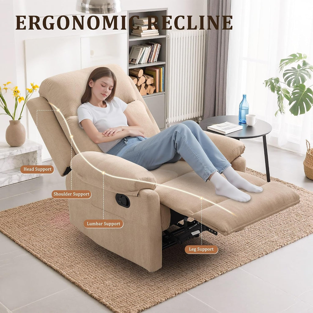 Korser Recliner Chairs, Small Recliners for Small Spaces, Manual Recliner for Adults with Side Pockets, Adjustable Overstuffed Comfy Corduroy Reclining Chair for Living Room, Bedroom, Reading, Khaki