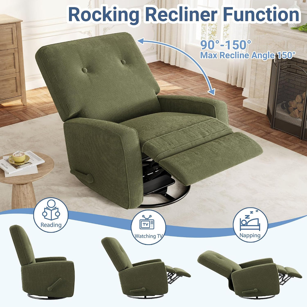 Garvee Nursery Recliner Chair, 360° Swivel Rocking Glider Chair for Adults with Adjustable Backrest & Footrest, Cozy Corduroy Upholstered Armchair for Living Rooms, Bedrooms, Apartments, Green