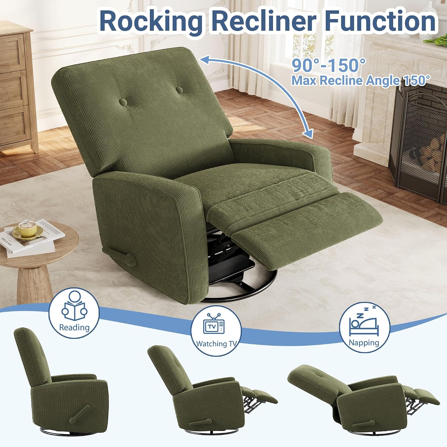 Garvee Nursery Recliner Chair, 360° Swivel Rocking Glider Chair for Adults with Adjustable Backrest & Footrest, Cozy Corduroy Upholstered Armchair for Living Rooms, Bedrooms, Apartments, Green