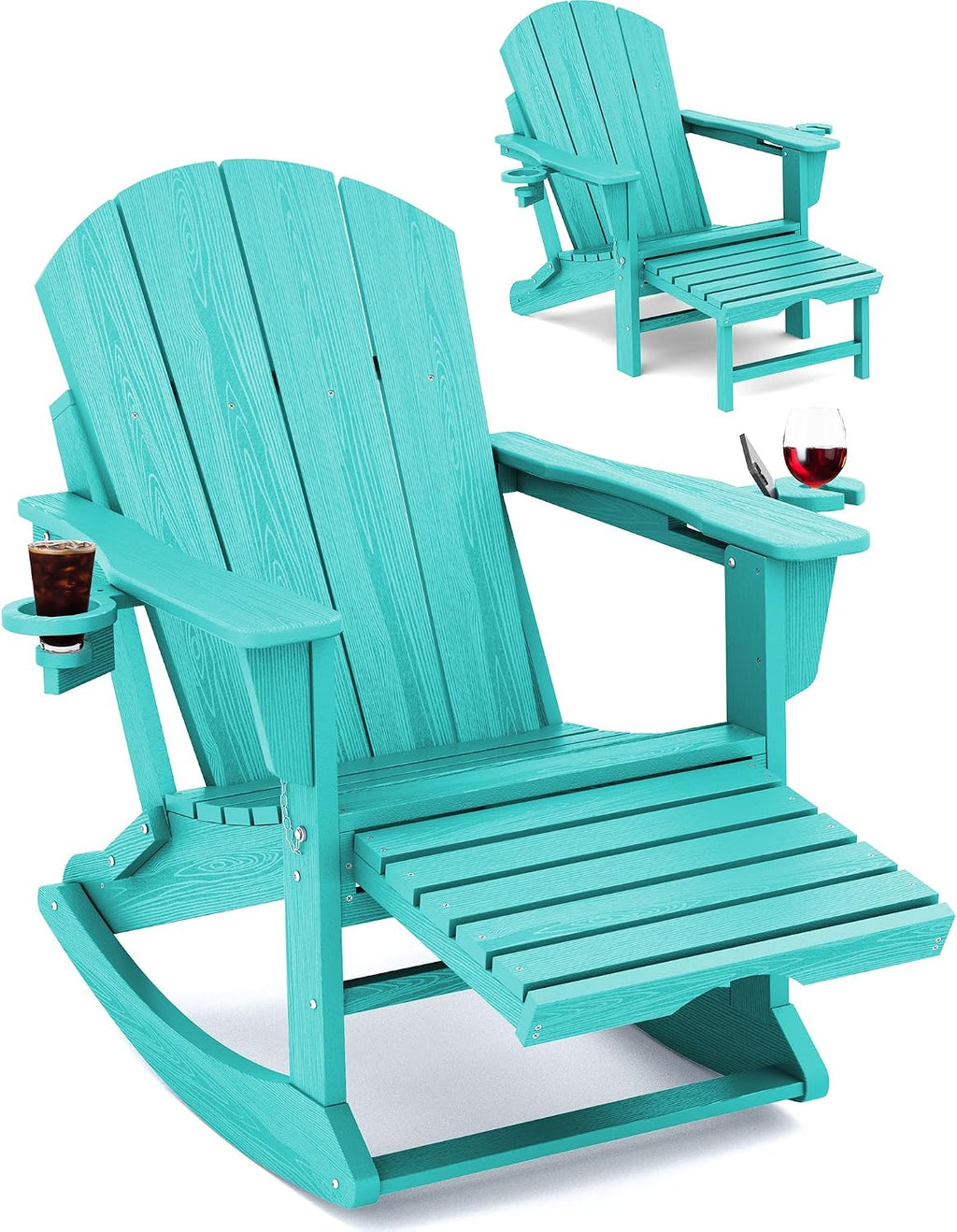 KINGYES Adirondack Rocking Chair Set of 4 with Retractable Ottoman and Cup Holders, HDPE Adirondack Rocker Patio Rocking Chair for Porch, Patio, Balcony, Aqua Blue