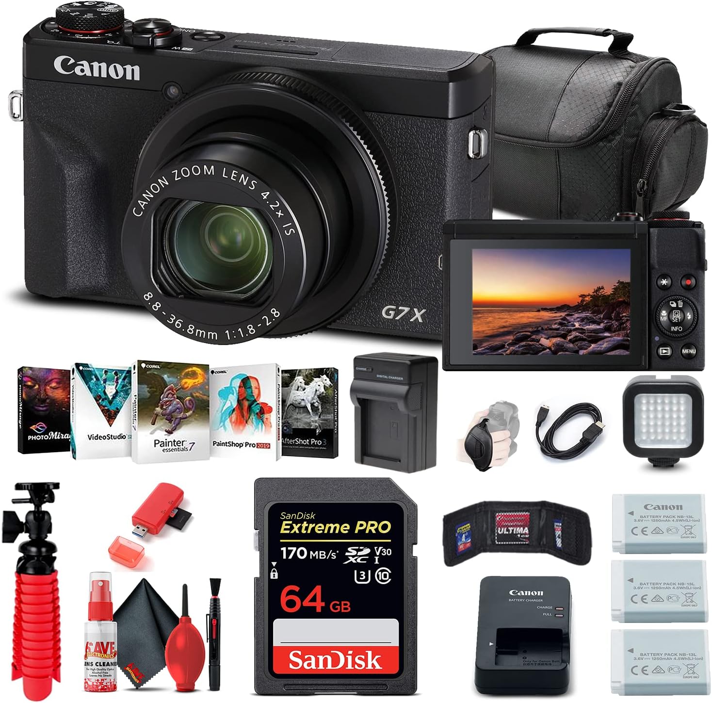 Canon PowerShot G7 X Mark III Digital Camera (Black) (3637C001) + 64GB Memory Card + 2 x NB13L Battery + Corel Photo Software + Charger + Card Reader + LED Light + More