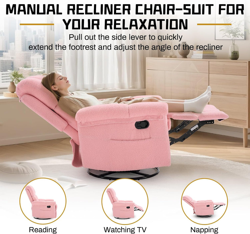 Korser Recliner Chair, Swivel Rocker Recliner Chair for Adults, Small Recliners for Small Spaces, Manual Recliner with Side Pockets, Upholstered Nursery Rocking Chair for Living Room, Sherpa, Pink
