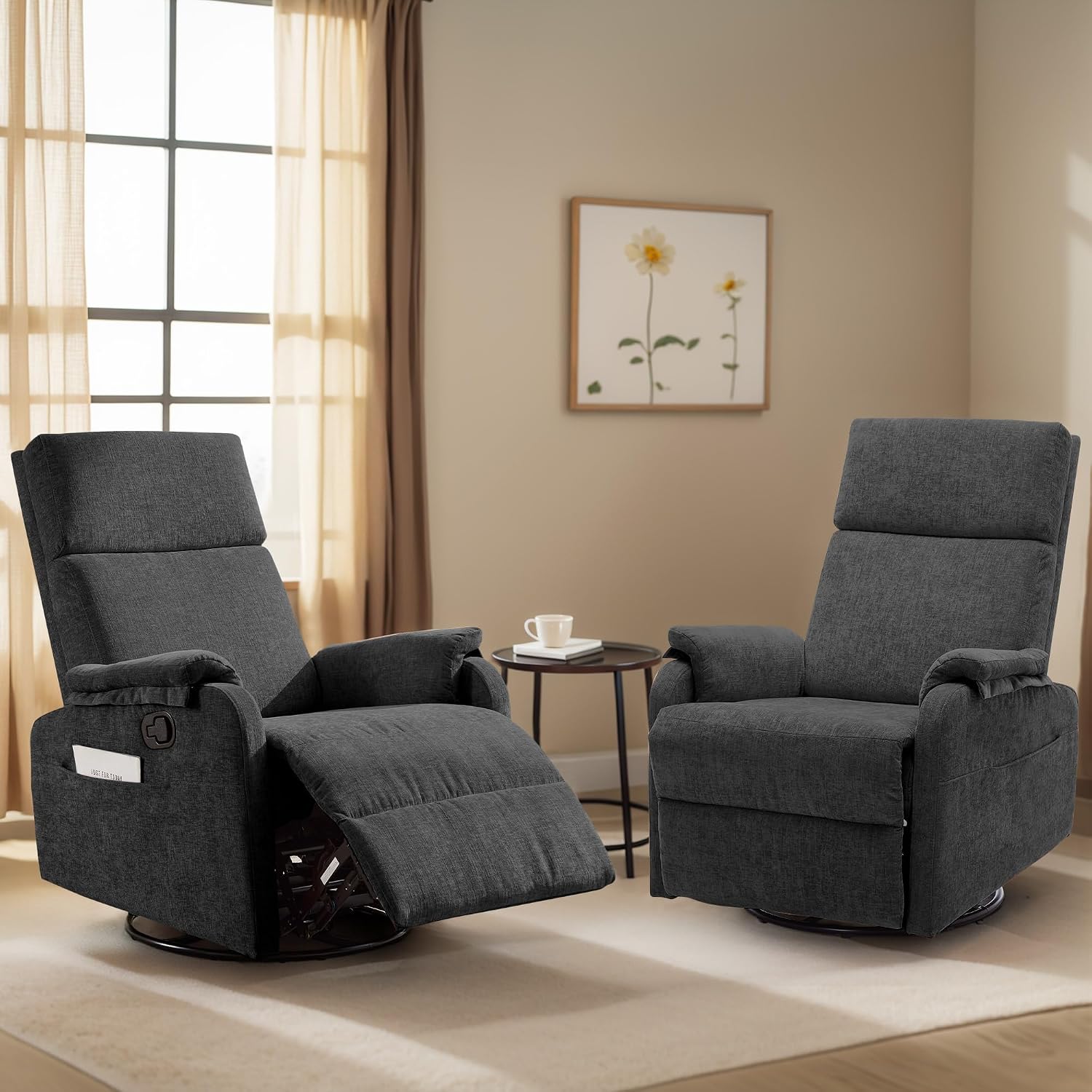 Korser Swivel Rocking Recliner with Massage, Small Glider Chair for Nursery, Modern-Designed Armrests Chair for Adults Living Room, Chenille, Black