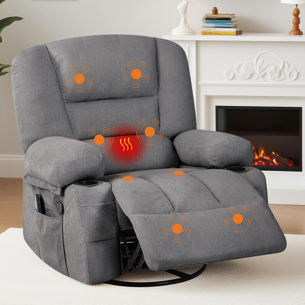 Massage Rocking Recliner Chair with Vibration and Heat, 360° Swivel Chenille Rocker Chairs for Living Room, Home Theater Seating with Cup Holders & Side Pocket for Adults, Living Room, Bedroom, Grey