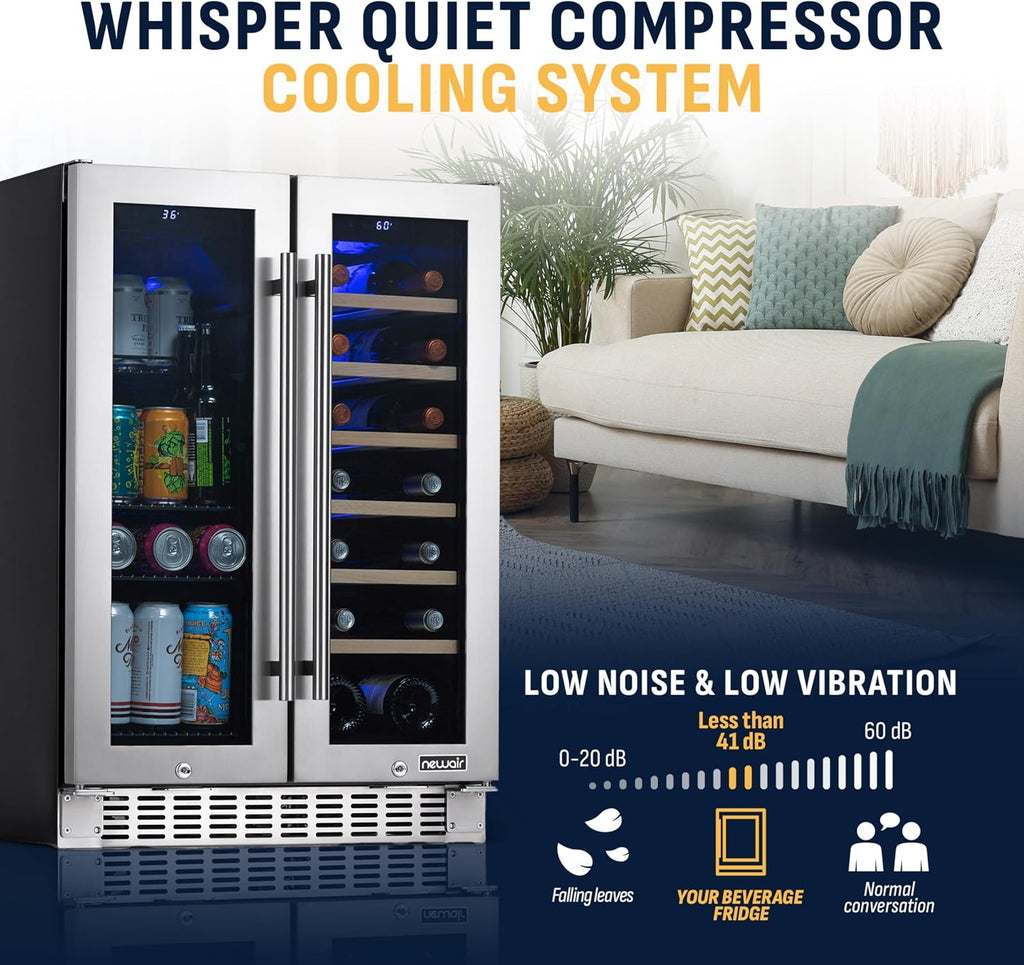 NewAir 24' Dual Zone Beverage Refrigerator & Wine Cooler for 18 Bottles & 60 Cans | Freestanding or Built-In Under Counter Mini Fridge for Beer, Wine and Soda | Stainless Steel