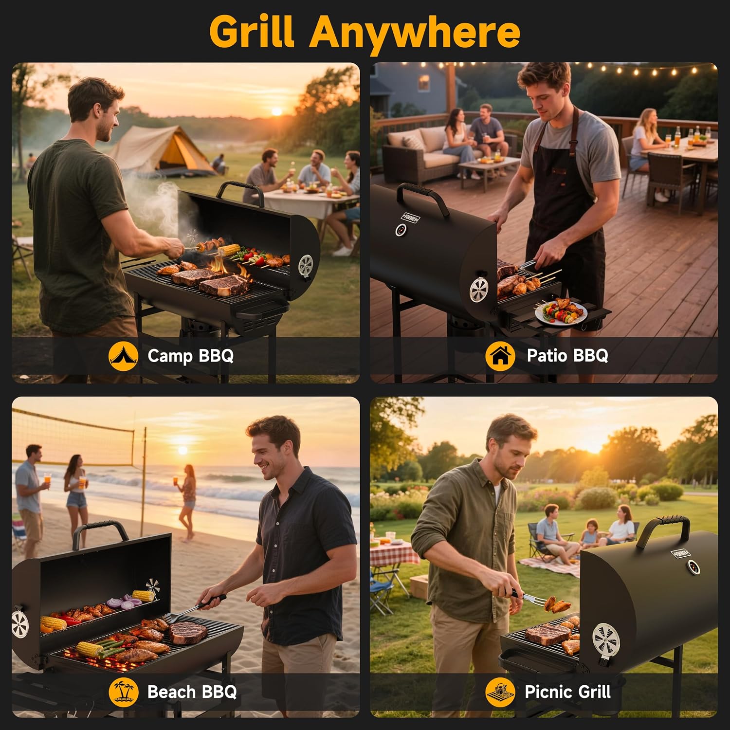 29' Barrel Charcoal Grill, Spacious Smoker Barrel Barbecue Grill with Side Front Table, Outdoor Barbecue Grills for Backyard, Camping, and Picnics, Black