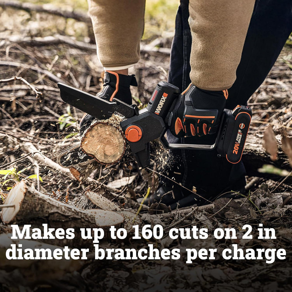 WORX Mini Chainsaw, 20V 6'' Pruning Saw with Brushless Motor, 33 ft/s Chain Speed, Only 3.49 lbs, Includes 20V 2.0 Ah Battery and Charger, PowerShare