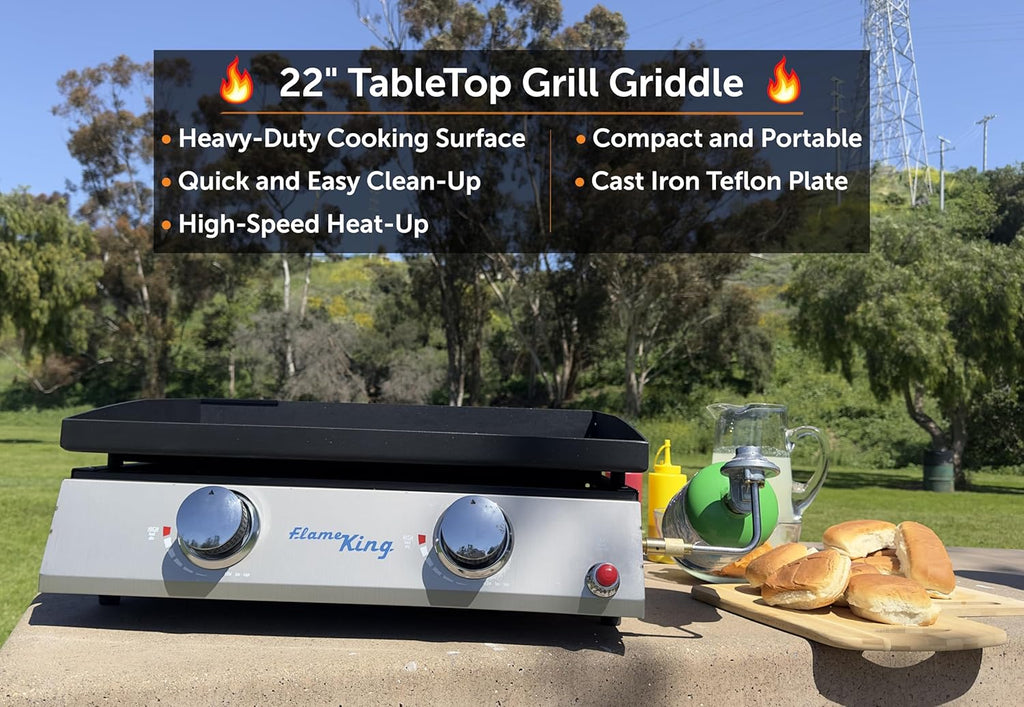 Flame King 22-inch Double Burner Flat Top Griddle for Outdoor BBQ Grill, Portable Propane Gas Griddle for Camping and Tailgating