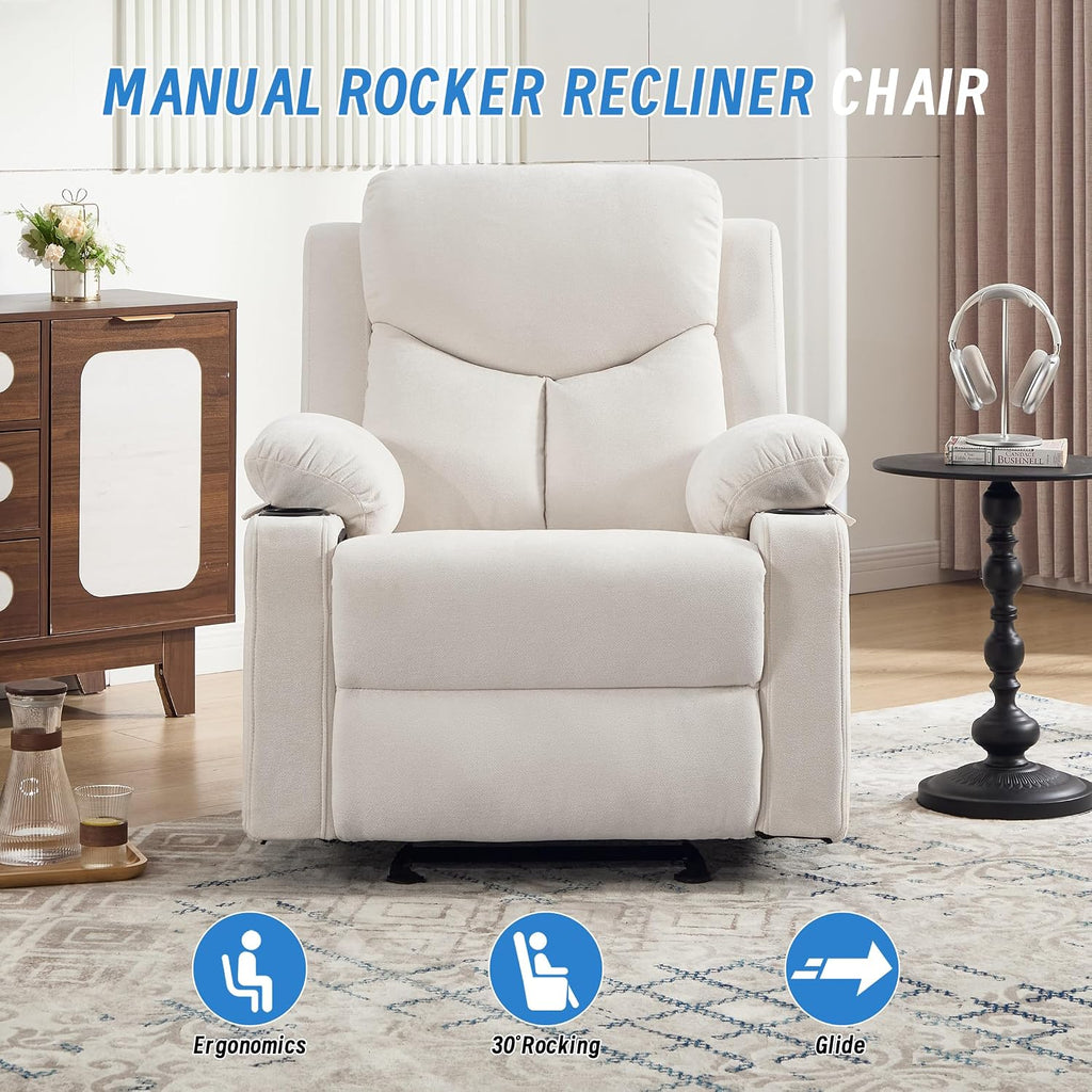 Manual Rocker Recliner Chair for Adults with Vibration Massage,Glider Rocking Recliner for Living Room Bedroom Nursery, Overstuffed Reclining Sofa Chair with Pockets and Cup Holds,Beige