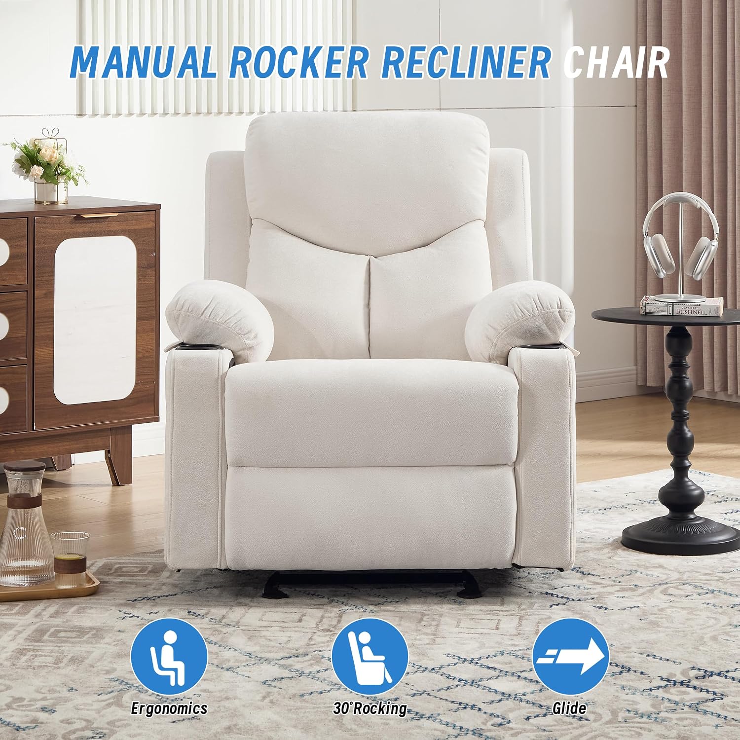 Manual Rocker Recliner Chair for Adults with Vibration Massage,Glider Rocking Recliner for Living Room Bedroom Nursery, Overstuffed Reclining Sofa Chair with Pockets and Cup Holds,Beige