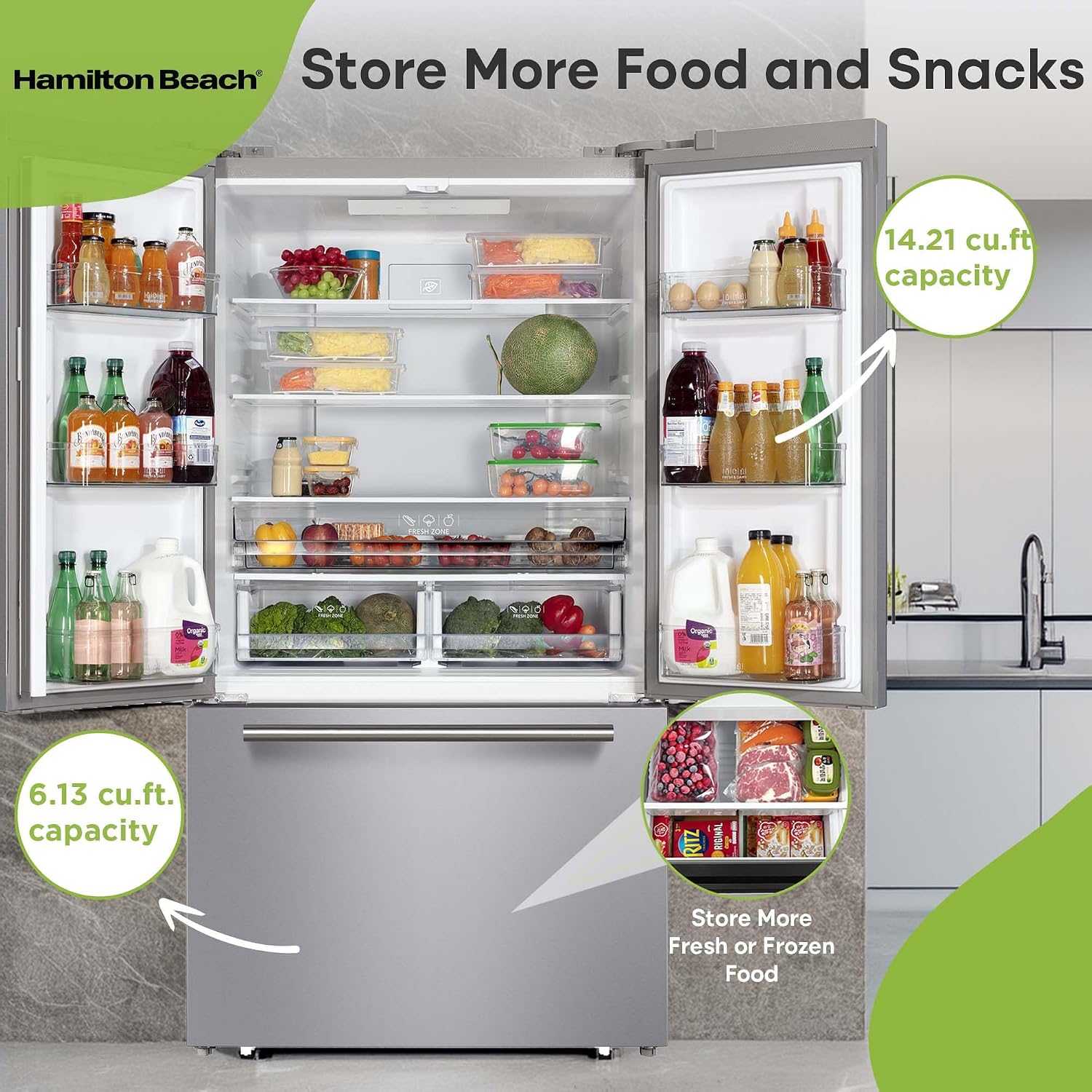 Hamilton Beach HBF2067 French Door Full Size Refrigerator with Freezer Drawer, 20.3 cu ft, Stainless Steel