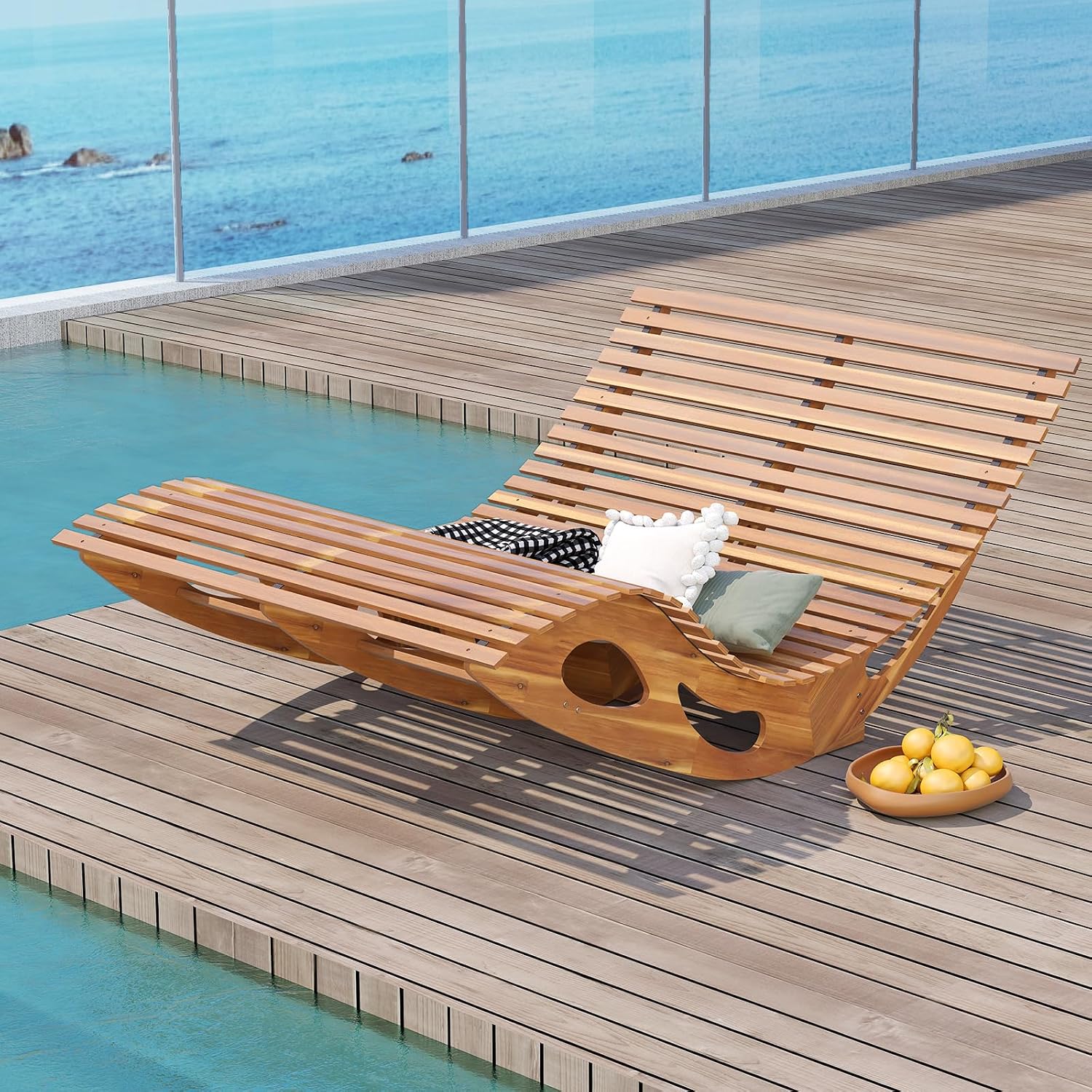 Giantex Extra-Large Dual Outdoor Rocking Chair, 2 Pack Acacia Wood Patio Lounge Chair with Ergonomic Curved & Slatted Seat, Bottom Stopper, 63'x47'x26' Lounger, 2-Person Loveseat, Rocker for Porch
