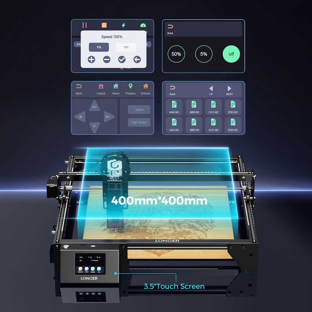 LONGER RAY5 Laser Engraver, Fully Upgraded with 10W Output, a 3.5-inch Color Touchscreen, and app-Based Offline Control; Ideal for Engraving Metal, Glass, and Wood. Working Area: 400×400 mm.
