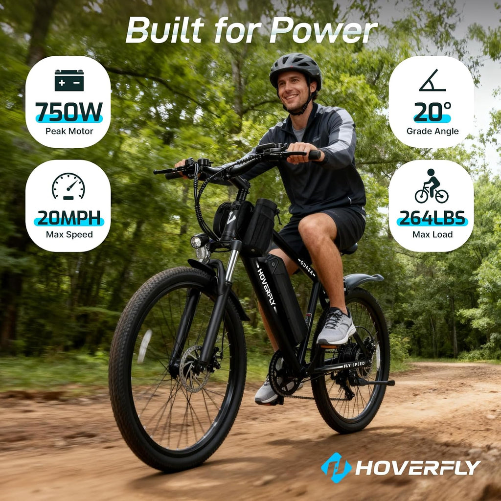 Hoverfly OUREA 26' Electric Bike for Adults, 750W Peak Motor Mountain Ebike, Max 20MPH, Up to 40 Miles, UL2849 Certified, 7-Speed, Removable Battery, Shock Absorber, Fat Tire Commuter E-Bike