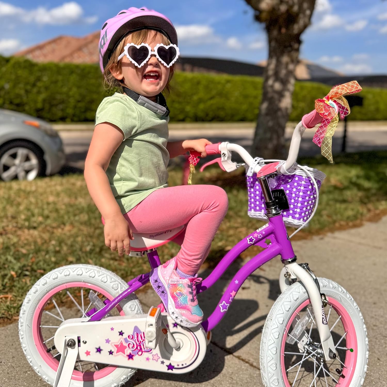 RoyalBaby Stargirl 12 Inch Kids Outdoor Bicycle with Accessory Basket, Bell, Thick Wheels, and Safety Training Wheels for Ages 2-4, Purple