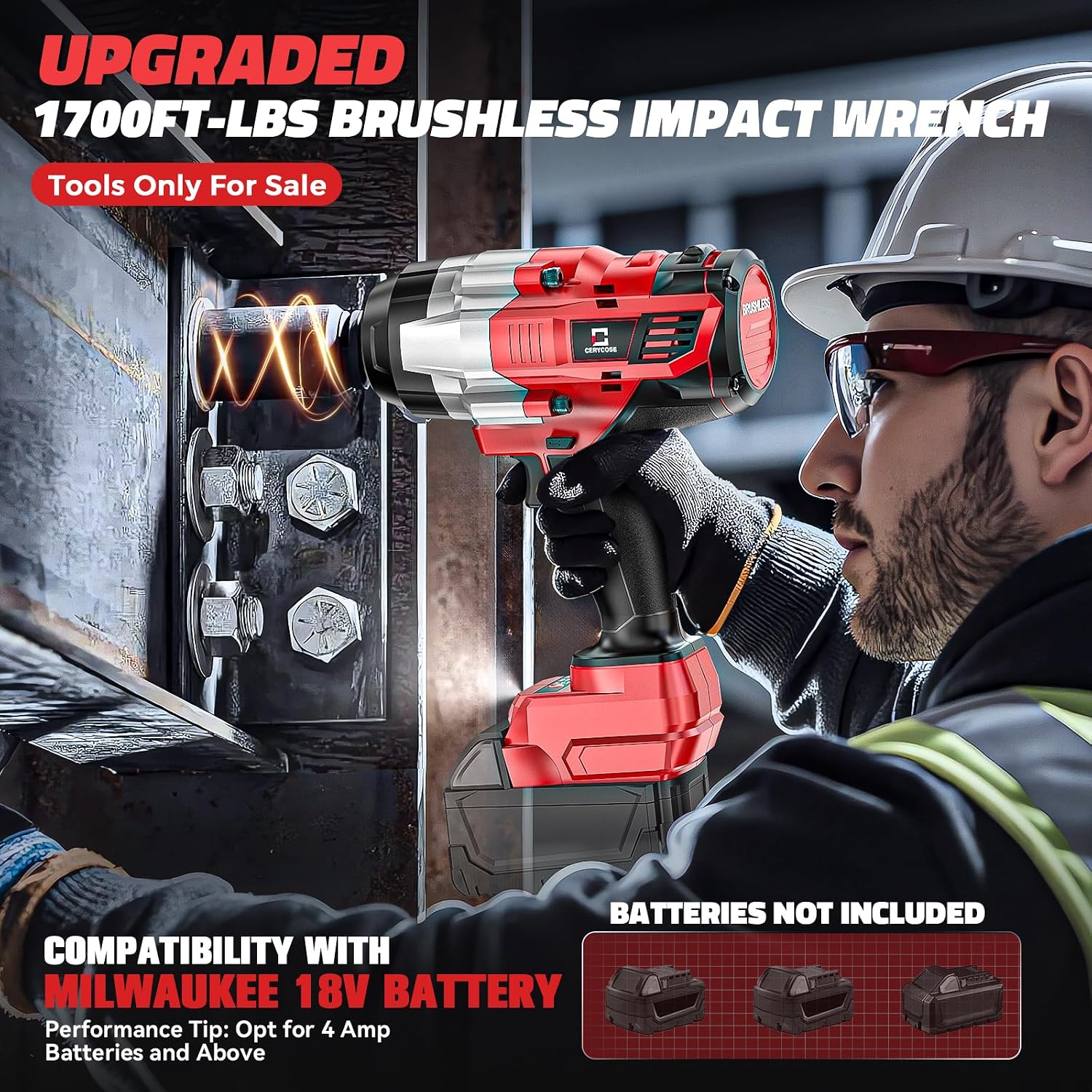 Cerycose Cordless Impact Wrench 1/2 inch Compatible with Milwaukee 18V Battery: 1700FT-LBS High Torque Impact Wrench with 6 Sockets & Case, Brushless Electric Impact Gun with LED Work Light, Bare Tool