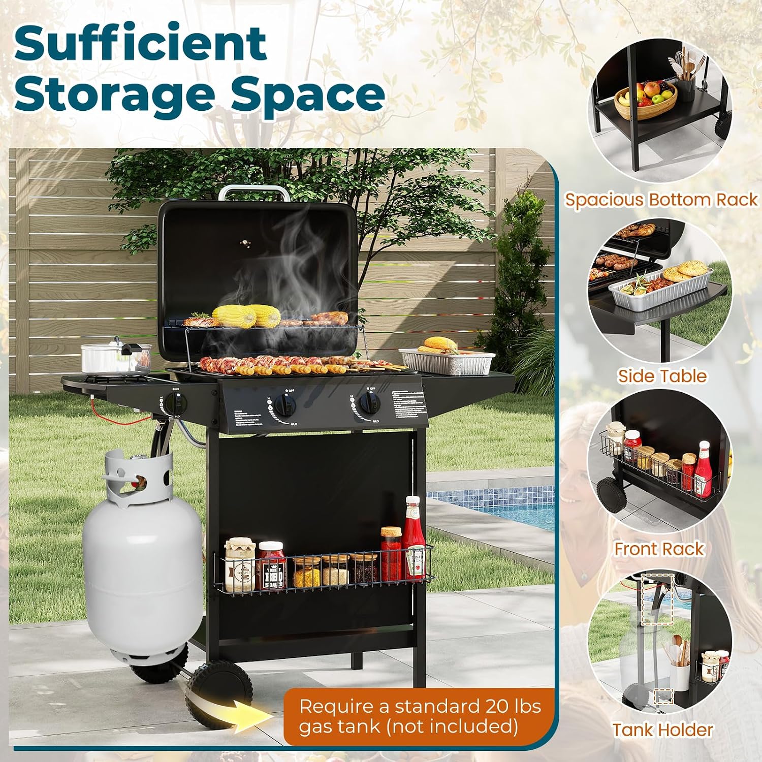 Happygrill 2 + 1 Burner Propane Gas Grill, 30,000 BTU Outdoor Cooking Grill with Storage Shelves & Porcelain-Enameled Grates, Portable BBQ Grills on Wheels w/Thermometer for Backyard, Camping & Picnic