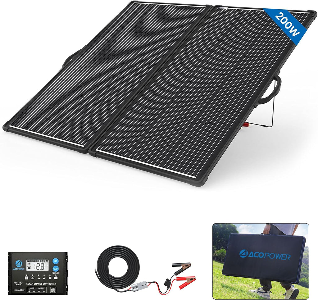 200W Portable Solar Panel Kit – Foldable 200Watt Monocrystalline Suitcase with 20A Waterproof Charge Controller, Plug-and-Play Battery Charger for RV, Camper, Trailer, Boat and Off-Grid Outdoor Power