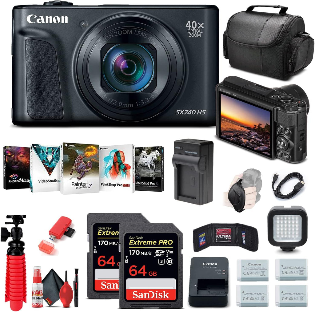 Canon PowerShot SX740 HS Digital Camera (Black) (2955C001) + 2 x 64GB Memory Card + 3 x NB13L Battery + Corel Photo Software + Charger + Card Reader + LED Light + Soft Bag + More