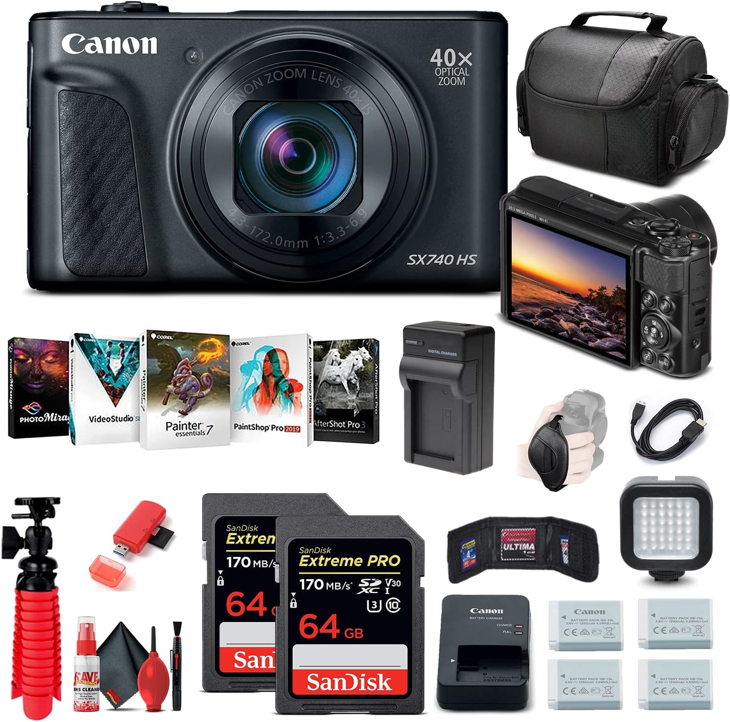 Canon PowerShot SX740 HS Digital Camera (Black) (2955C001) + 2 x 64GB Memory Card + 3 x NB13L Battery + Corel Photo Software + Charger + Card Reader + LED Light + Soft Bag + More