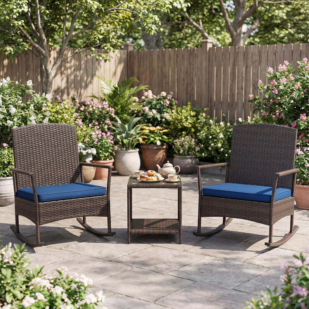 Tangkula 3 Pieces Rocking Wicker Bistro Set, Outdoor Front Porch Rocker Chairs Conversation Set with 2-Tier Tempered Glass Coffee Table and Thick Cushions for Garden, Balcony, Poolside (Navy)