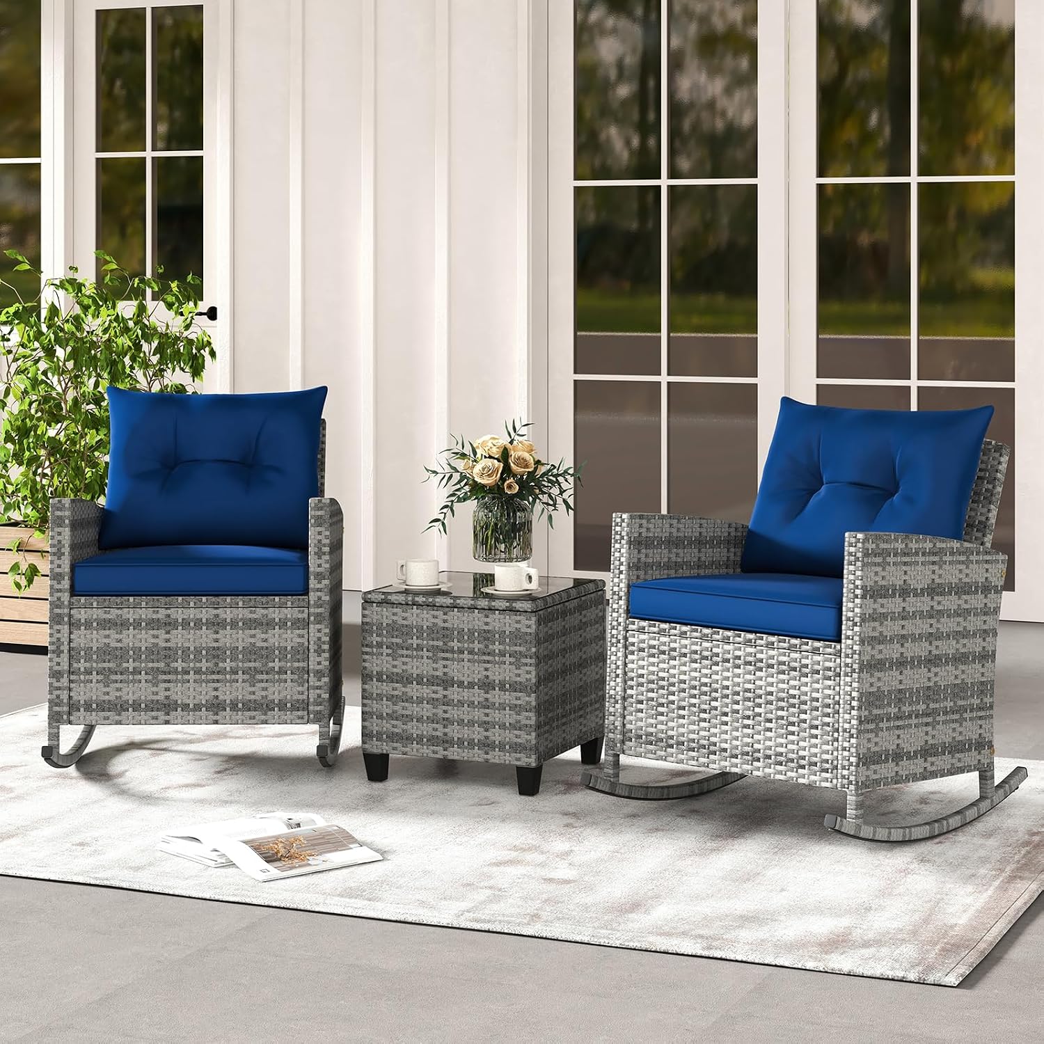 Tangkula 3 Piece Wicker Rocking Set, Patio Rattan Roker Chairs with Tempered Glass Table & Soft Cushions, Outdoor Furniture Set for Backyard, Poolside Porch (Mix Gray & Navy)