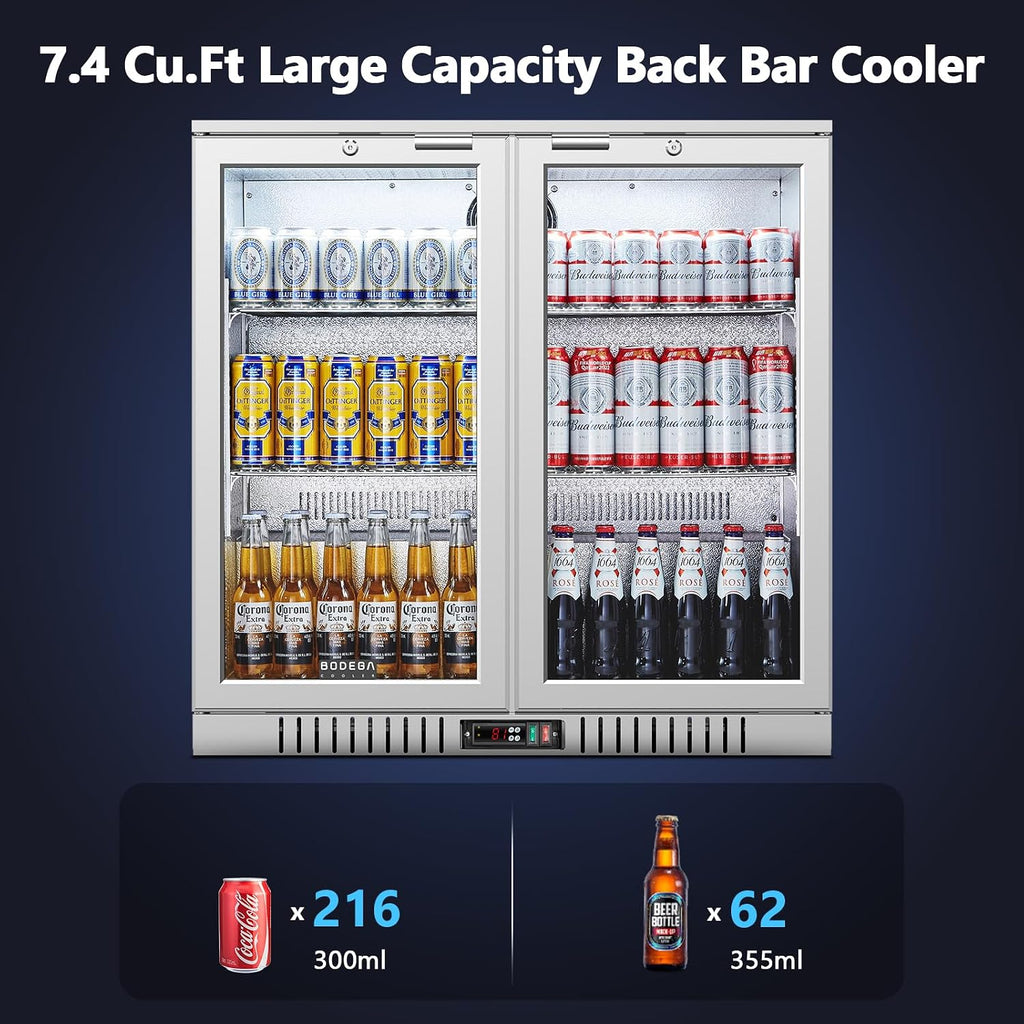 BODEGA BODEGACOOLER Back Bar Cooler With 2 Glass Doors,7.4 Cu.Ft Stainless Steel Commercial Back Bar Fridgewith LED Lighting, Counter Height Bar Beverage Cooler for Beer,Soda Drinks,Wine