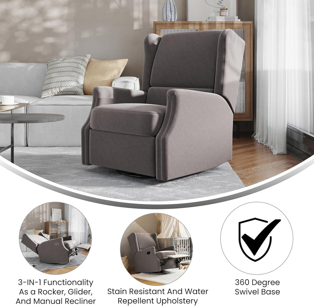 Flash Furniture Omma Swivel Glider Rocking Recliner, Manual Wingback Recliner with 360 Degree Swivel, for Living Room, Bedroom, or Nursery, Upholstered, Dark Gray
