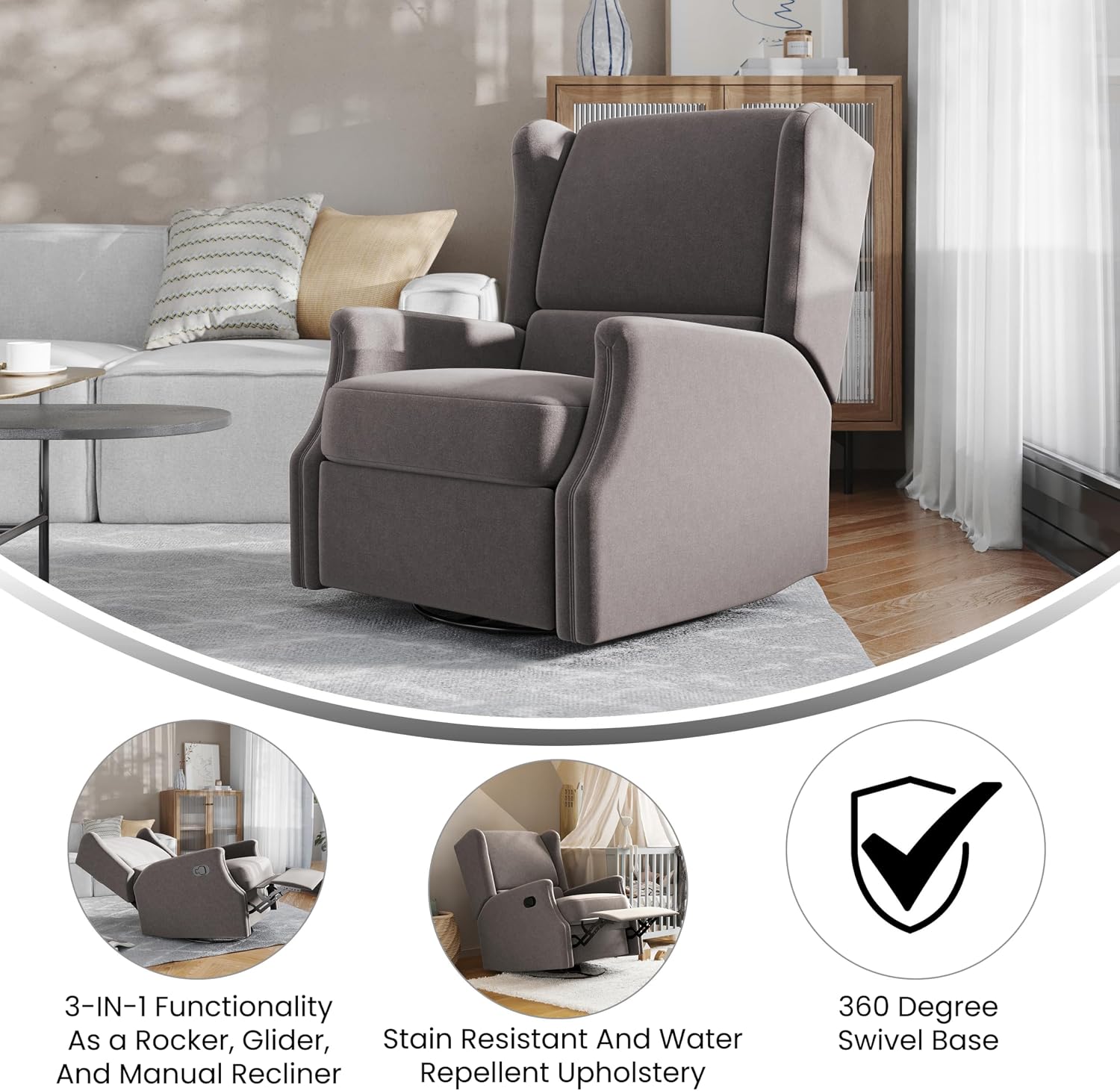 Flash Furniture Omma Swivel Glider Rocking Recliner, Manual Wingback Recliner with 360 Degree Swivel, for Living Room, Bedroom, or Nursery, Upholstered, Dark Gray