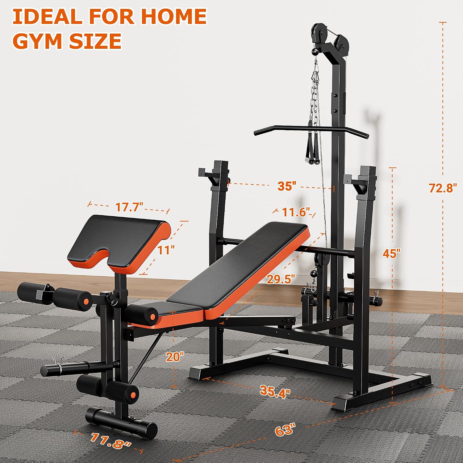 9-in-1 Adjustable Olympic Weight Bench with Lat Pulldown, Row, Squat Rack & Leg Curl – Multi-Function Strength Training Bench Press for Home Gym Full Body Workout