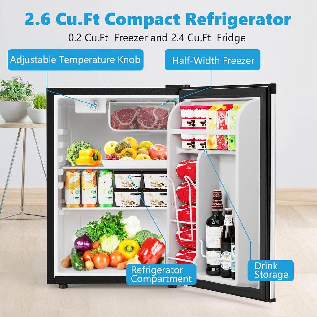 COWSAR 2.6 Cu.Ft Dorm Fridge with Freezer, Single Reversible Door Compact Refrigerator, Adjustable Thermostat, 2 Removable Shelves, Commercial Drink Fridge for Bedroom, Office, Kitchen, Dorm, Silver